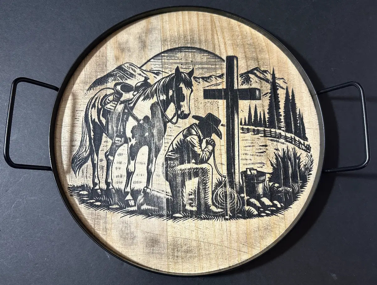 COWBOY PRAYING SERVING TRAY... LASER ENGRAVING