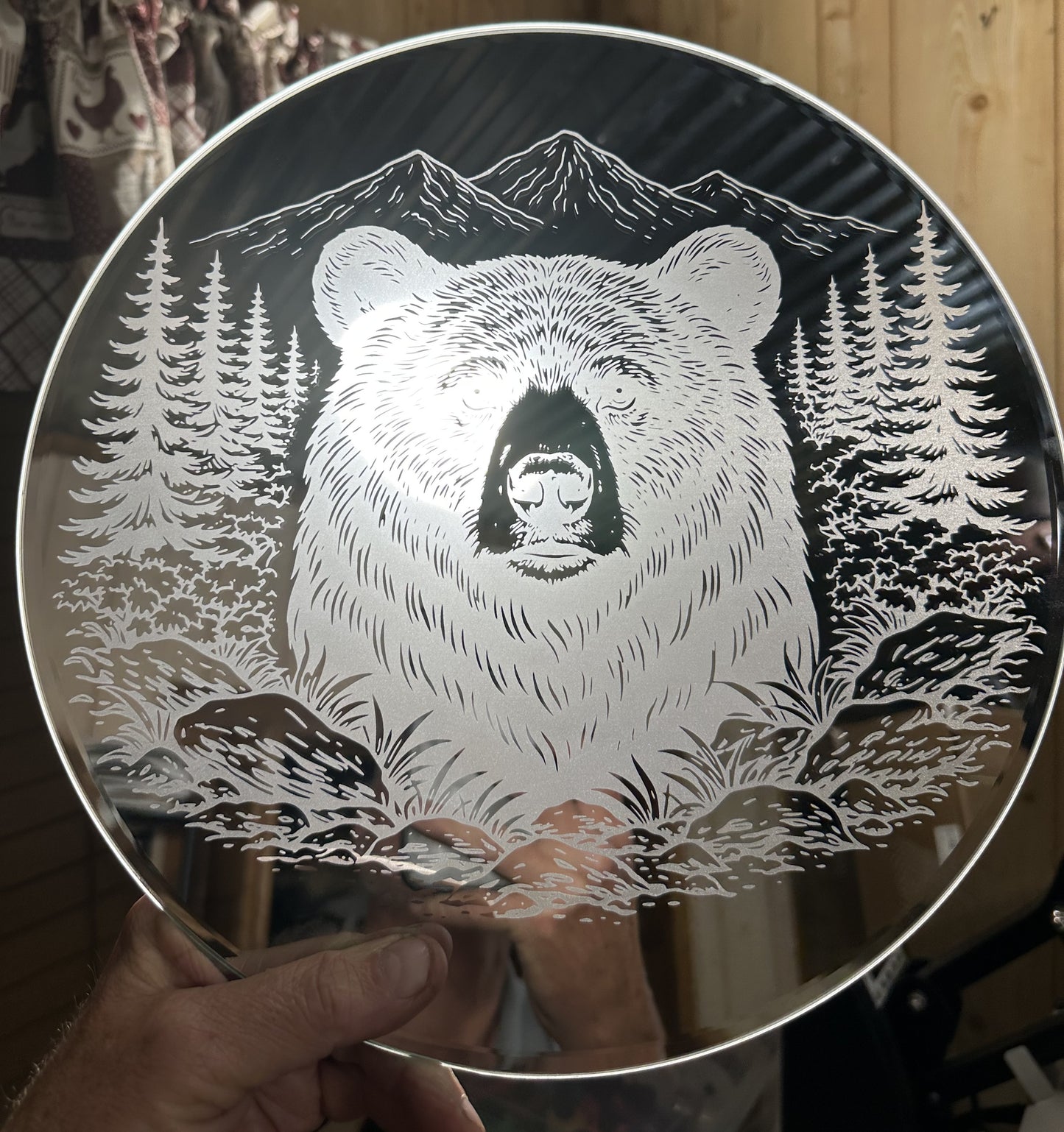 BEAR IN FOREST ROUND MIRROR... LASER ENGRAVING