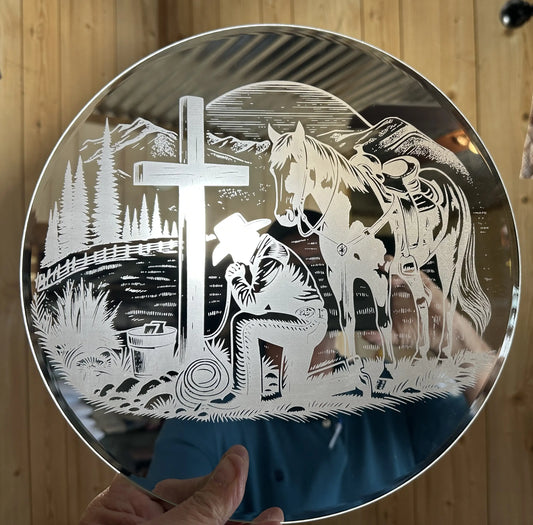 COWBOY PRAYING ROUND MIRROR... LASER ENGRAVING