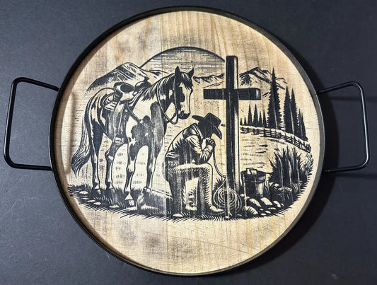 COWBOY PRAYING SERVING TRAY... LASER ENGRAVING