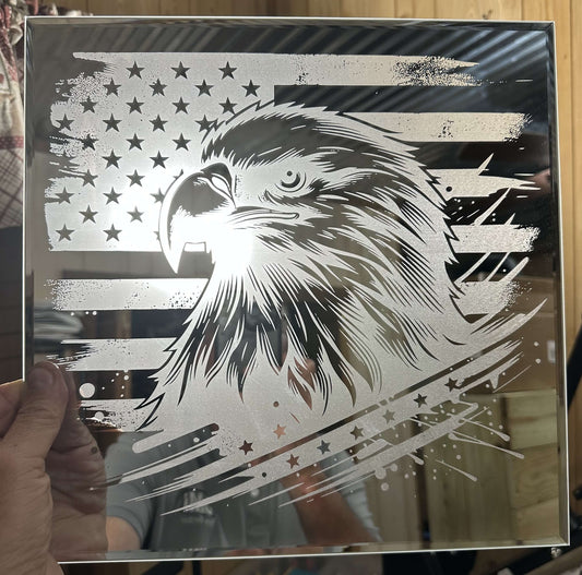 EAGLE & AMERICAN FLAG SQUARE MIRROR... LASER ENGRAVING