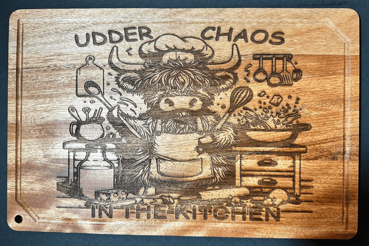 MUCH KITCHEN CHAOS CUTTING BOARD... LASER ENGRAVING