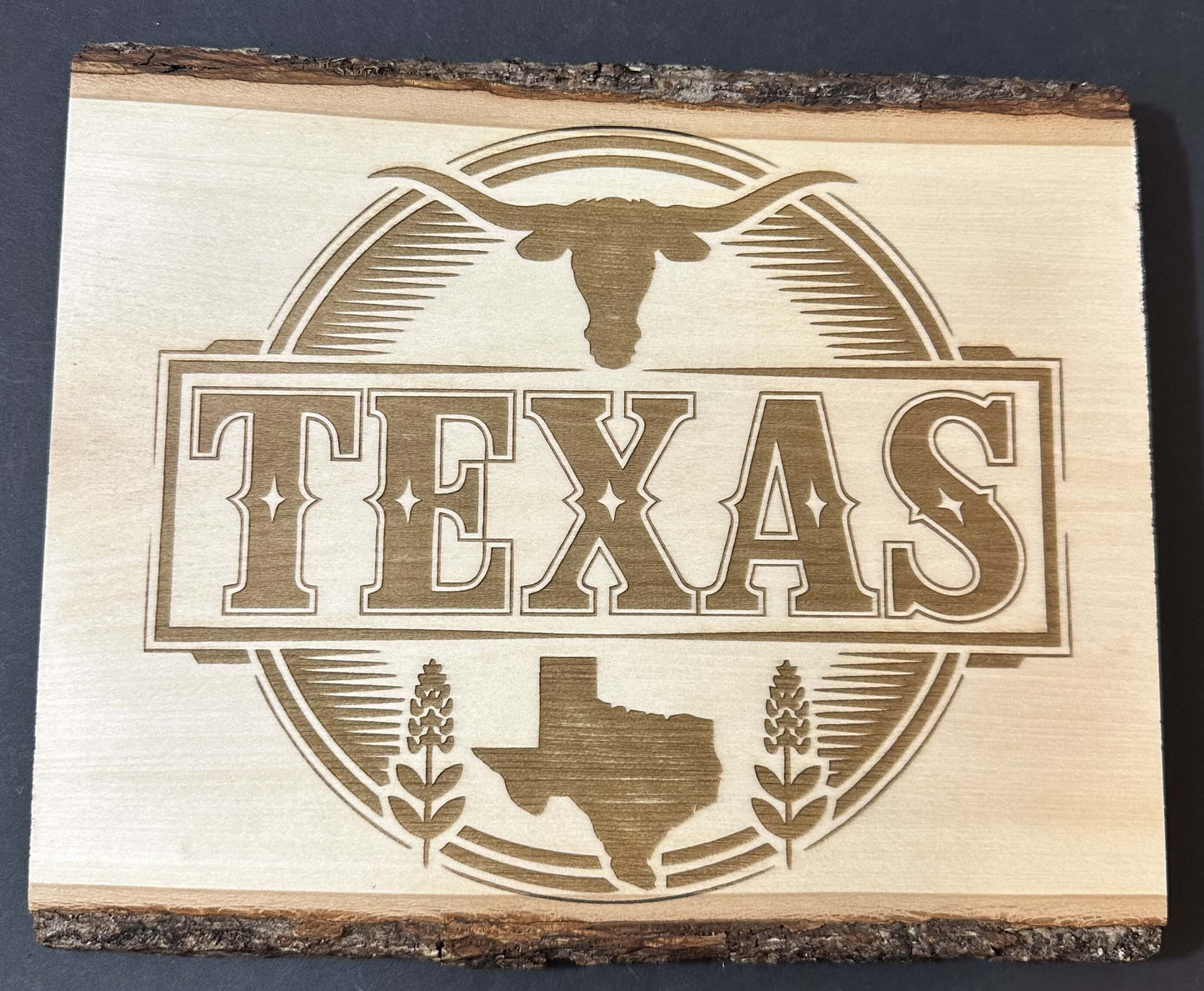 TEXAS BARE WOOD DECOR WITH BARK EDGE... LASER ENGRAVING