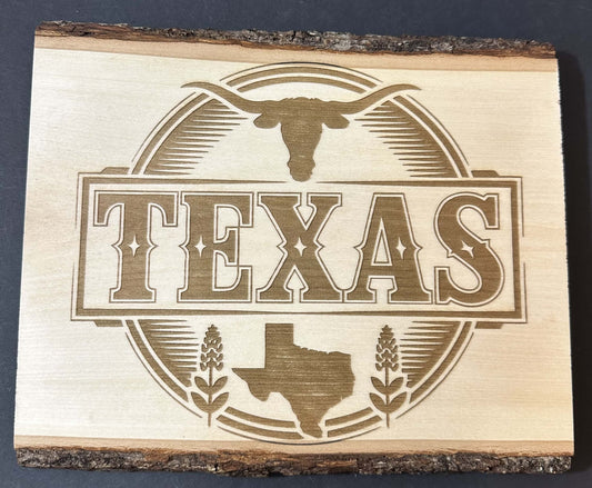 TEXAS BARE WOOD DECOR WITH BARK EDGE... LASER ENGRAVING