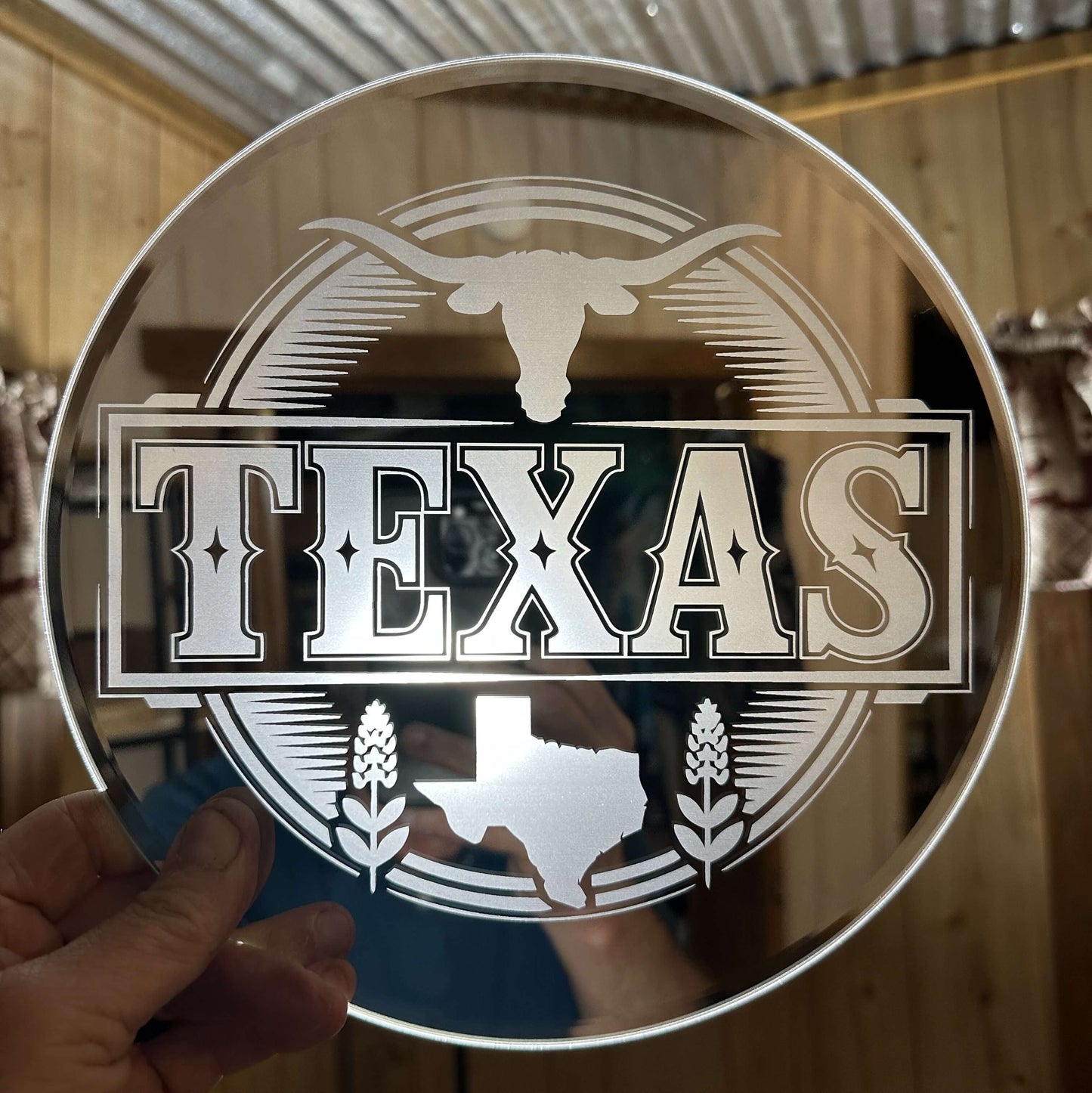 TEXAS LOGO ROUND MIRROR... LASER ENGRAVING