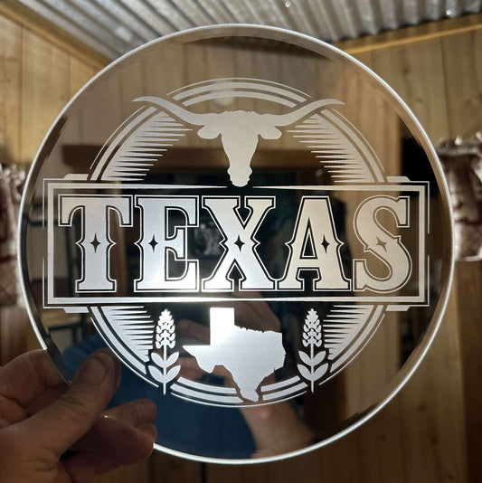 TEXAS LOGO ROUND MIRROR... LASER ENGRAVING