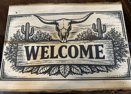 WELCOME COW SKULL WOOD DECOR... LASER ENGRAVING